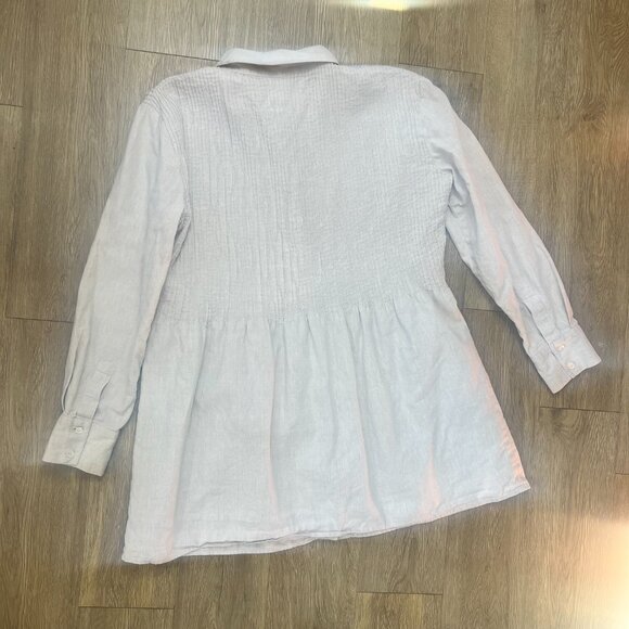 Kate Hill Shirt 100% Linen Women's Large Oatmeal Career Tunic Bib Button Down - Picture 2 of 8